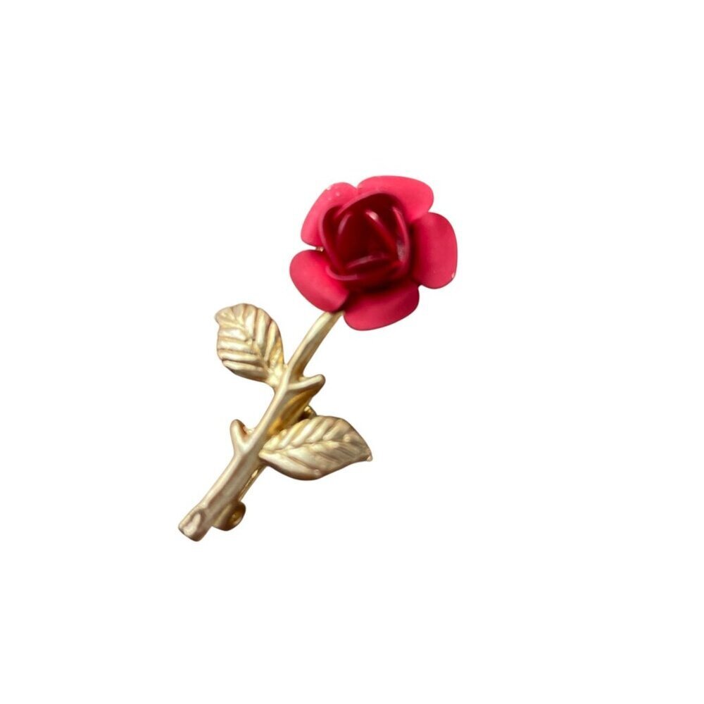 Vintage Red Rose Brooch Gold Tone